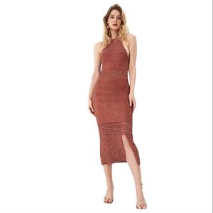 NWT Mohito Slinky Metallic Mesh Knit Midi Dress Copper Brown Sheer Sleeveless SM